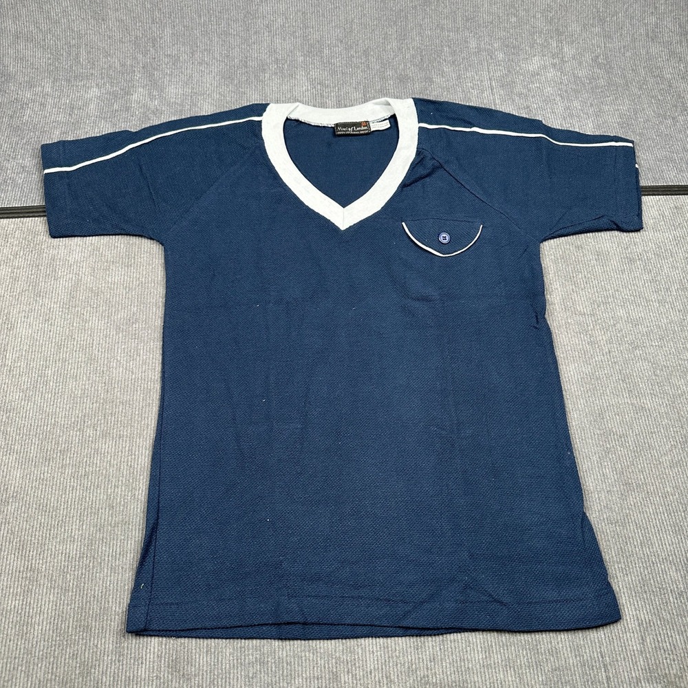 Vintage Terry Cloth Navy Blue Cotton Knit V-Neck Pocket Ringer Shirt Size M